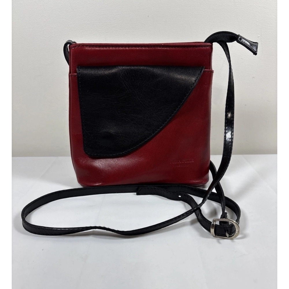 Vera Pelle Genuine Leather Made in Italy Colorblock Red/Black Crossbody Bag RARE